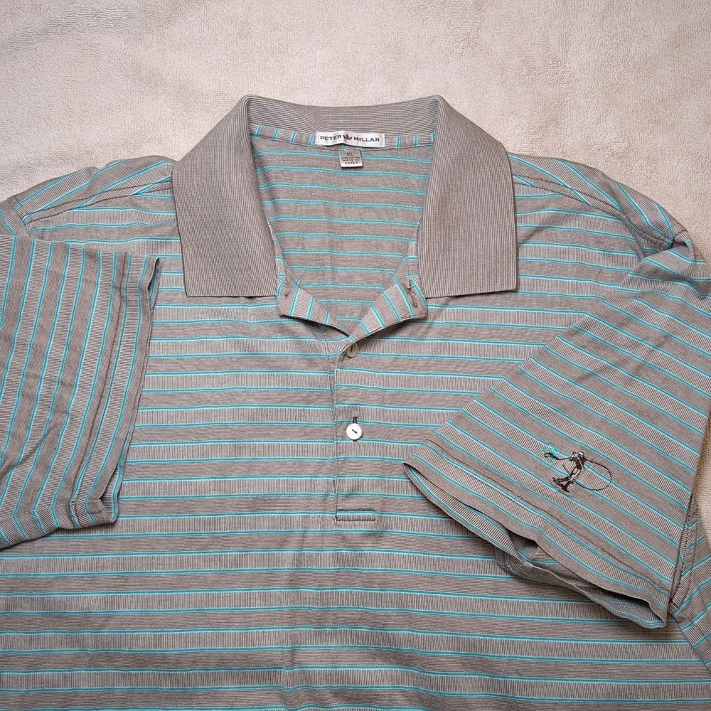 Peter Millar Golf Polo Shorts Sleeve Shirt Size XL Brown/Teal 100% Cotton